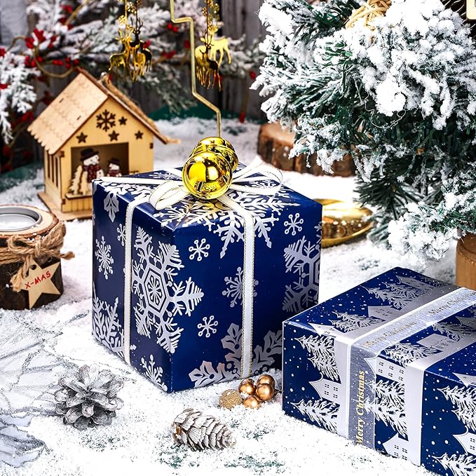 LeZakaa Navy Christmas Wrapping Paper Min Roll, Snowy Woodland Scenes House Snowflake Tree Holiday Gift Wrap, Arts Craft, for Xmas Winter Party Men Women, 17 x 120 inches, 3 Rolls