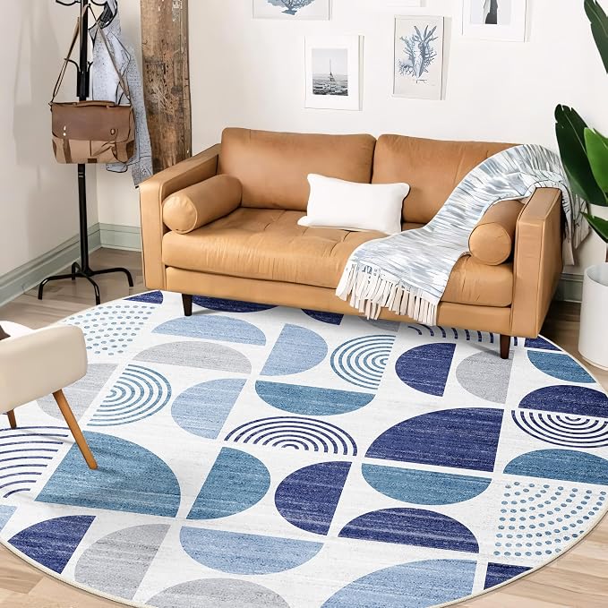 MUJOO Round Rugs 6ft,Circle Area Rug Washable,Circular Rugs for Living Room Dining Room,Large Boho Non Slip Throw Floor Carpet Modern Abstract Navy Blue