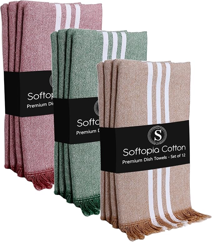 Stripe Kitchen Towels 12 Pack, 16x26 Inches, Assorted Colors Dish Cloths for Cooking and Drying, Reusable Wipe Rags, Absorbent and Washable Towels - Brown, Forest Green, Burgundy Wine
