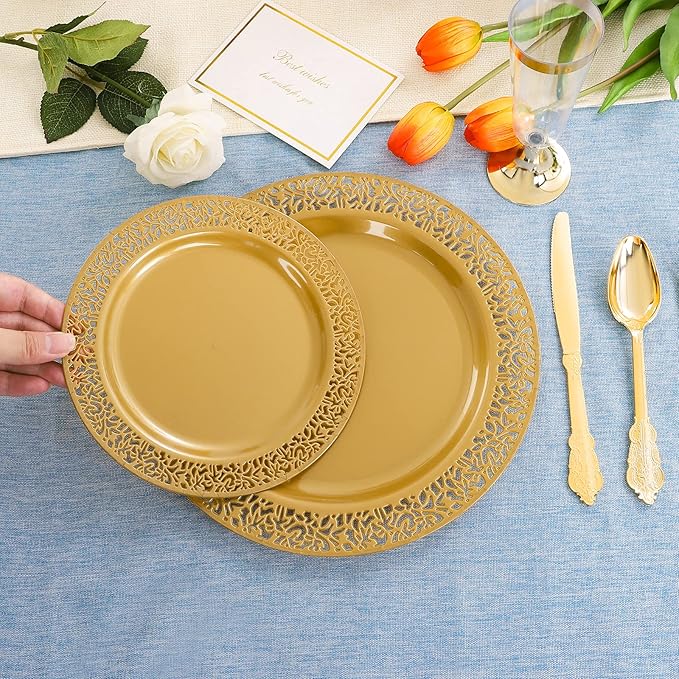 DaYammi 210Pcs Solid Gold Disposable Plates with Silverware and Cups,Christmas Plastic Plates for Party Include: 30 Dinner Plate,30 Dessert Plate,30 Rolled Napkins with Cutlery,30 Cups for Wedding