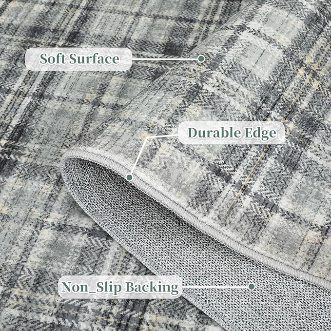 Washable Plaid Rug - Modern Farmhouse Green 6'x9' Non Slip Stain Resistant Carpet for Living Room, Bedroom, Dining Room, Office, Nursery