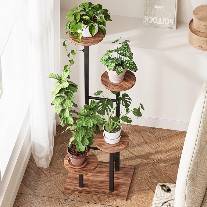 5 Tier Plant Stand Indoor, Corner Plant Shelf, Plant Shelves Organizer, Flower Stand for Multiple Plants, Tall Wood Plant Shelf Holder for Indoor, for Living Room, Balcony GPS108DR