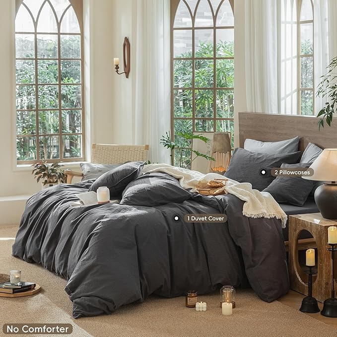 MooMee Wavy Striped Duvet Cover Set 100% Washed Cotton Linen Like Textured Breathable Durable Soft Comfy (Charocal Grey, King 104"x90")