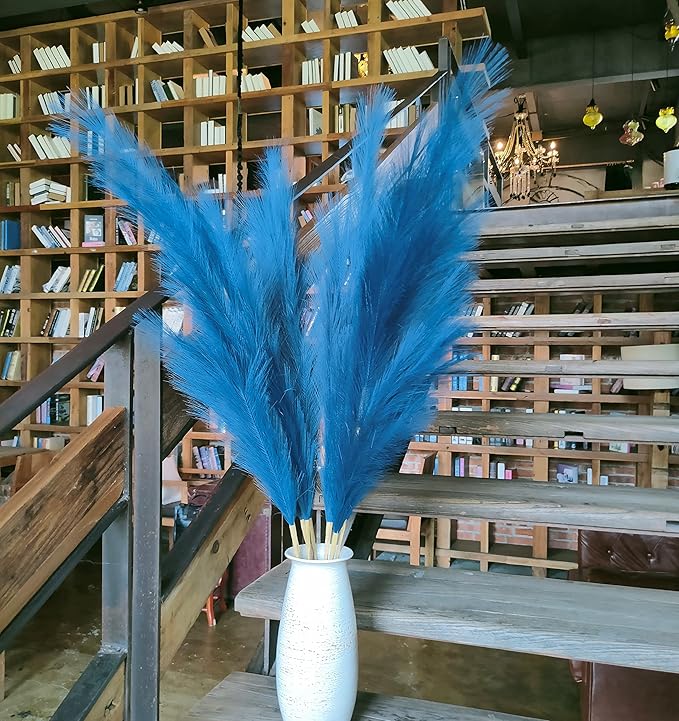 Premium Faux Pampas Grass Decor Tall & Fluffy, No Assembly Needed Long Pampas, Luxury Large Floral, Elegant Feather Flowers for Wedding Decor (Faux Dark Blue, 8pcs 43.3"(110cm))