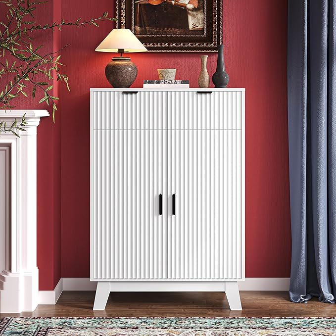 BOXACTION Fluted Shoe Cabinet, 4-Tier Mid Century Modern Narrow Shoe Storage Cabinet with Doors & 2 Drawers, Adjustable Shelves, Freestanding Hidden Shoe Rack Organizer & Wooden Legs for Entryway
