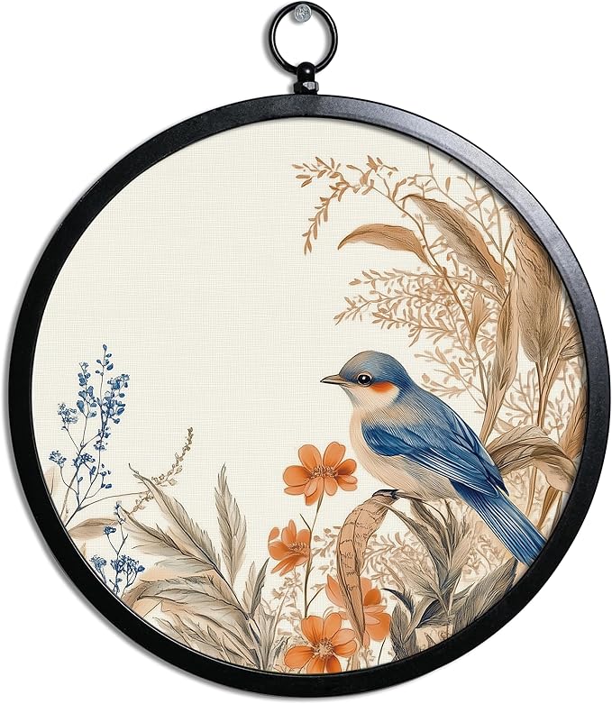 XIAOAIKA Vintage Wall Art with Metal Frame, Round Wood Print Featuring Bluebird and Wildflowers, Boho Wall Decor for Living Room, Bedroom, Kitchen, Entryway, 10 Inch
