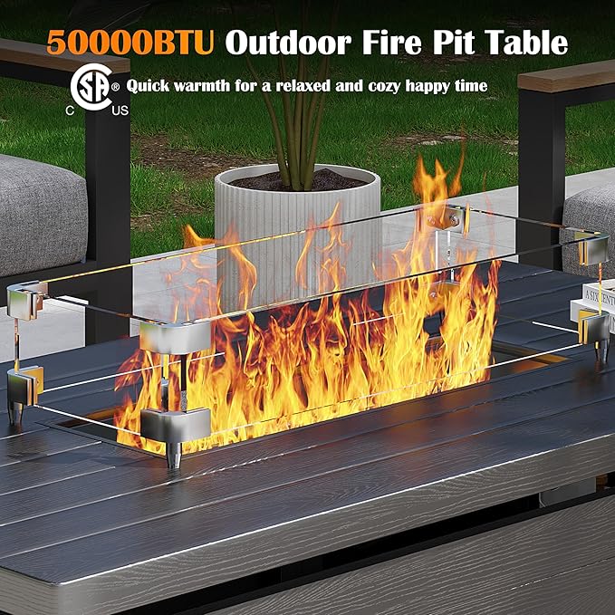 Sundale Outdoor 51 Inch Outdoor Fire Pit Table, 50,000BTU Rectangle Propane Fire Pit with Sliding Tank Holder, Glass Wind Guard, Removable Lid, CSA Certified, Gray