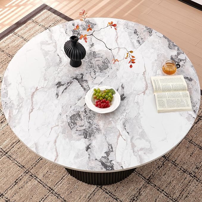 Homedot Modern Round Pedestal Dining Table for 4-6, 47" Kitchen Table with White Marble Grain Tabletop Engineered Wood Base, Classic Dinner Table Fluted Easy Assemble for Living Room Dining Room