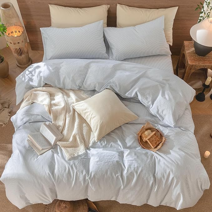 MooMee Striped Duvet Cover Set 100% Washed Cotton Linen Like Textured Breathable Durable Soft Comfy (Cornflower Blue White Pinstripes, Oversized Queen 98"x98")