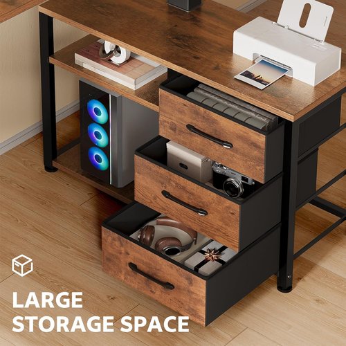 Skiennix 47-Inch L-Shaped Desk - Electric Standing Computer Table with 3 Drawers & Power Outlets | Rustic Brown