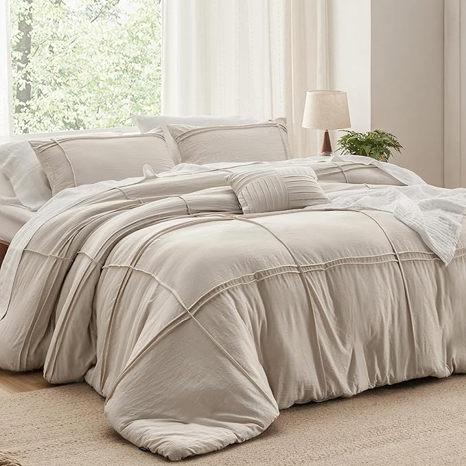 Bedsure Grid Boho Duvet Cover Queen Size - Shabby Chic Tufted Boho Bedding Set, 3 Pieces Shabby Chic Home Bedding for All Seasons, Includes 1 Queen Duvet Cover & 2 Pillowcases (Light Beige, 90" x 90")