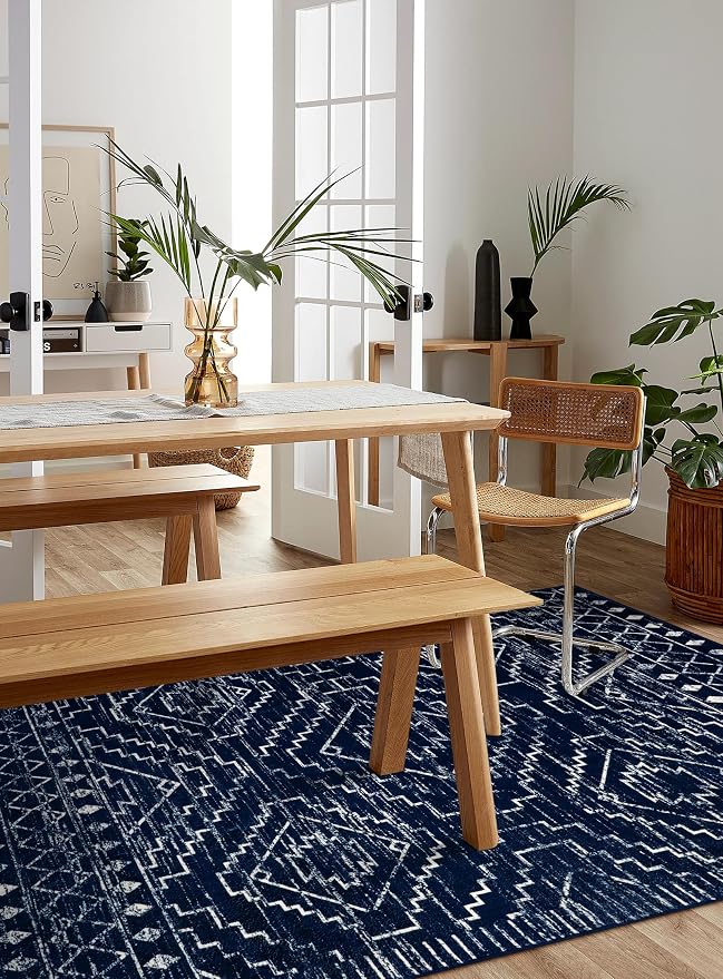 Wonnitar Moroccan Washable Area Rug 4x6, Blue Rugs for Living Room, Non-Slip Boho Bedroom Throw Mat, Non-Shedding Large Geometric Low Pile Floor Carpet for Home Office Mudroom Kitchen (Blue,4'x6')