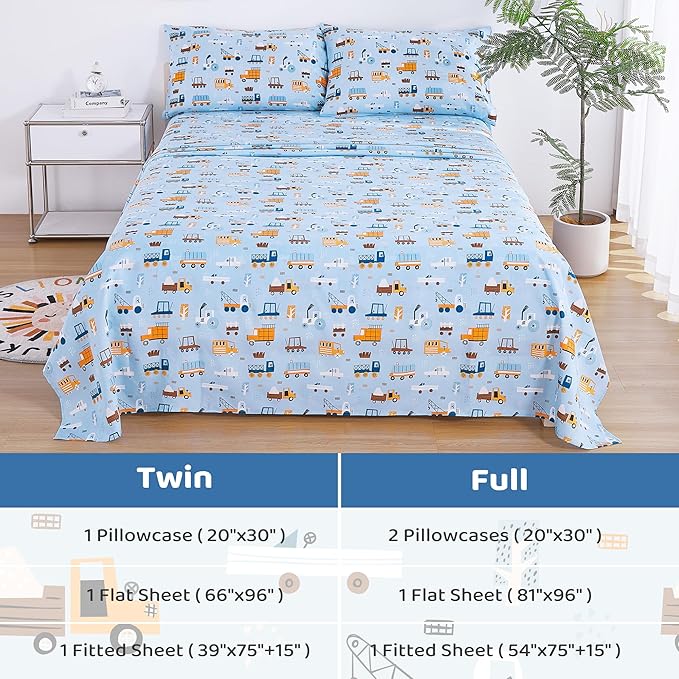 Viviland 4 Pieces Boys Blue Truck Full Sheet Set - Soft Microfiber Fitted Flat Sheets & Pillowcases - Construction Truck Bedding Sets - for Kids & Toddlers