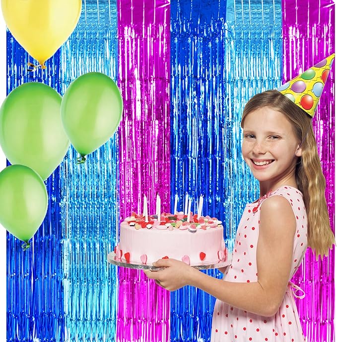 TONIFUL Blue Pink Door Streamers,Blue and Pink Photo Booth Backdrop Metallic Streamers Foil Fringe Curtain for Birthday,New Year,Graduation,Grad,Baby Shower Party Streamers Decoration