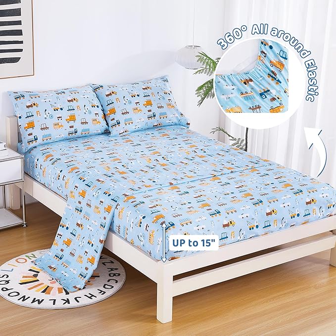 Viviland 4 Pieces Boys Blue Truck Full Sheet Set - Soft Microfiber Fitted Flat Sheets & Pillowcases - Construction Truck Bedding Sets - for Kids & Toddlers