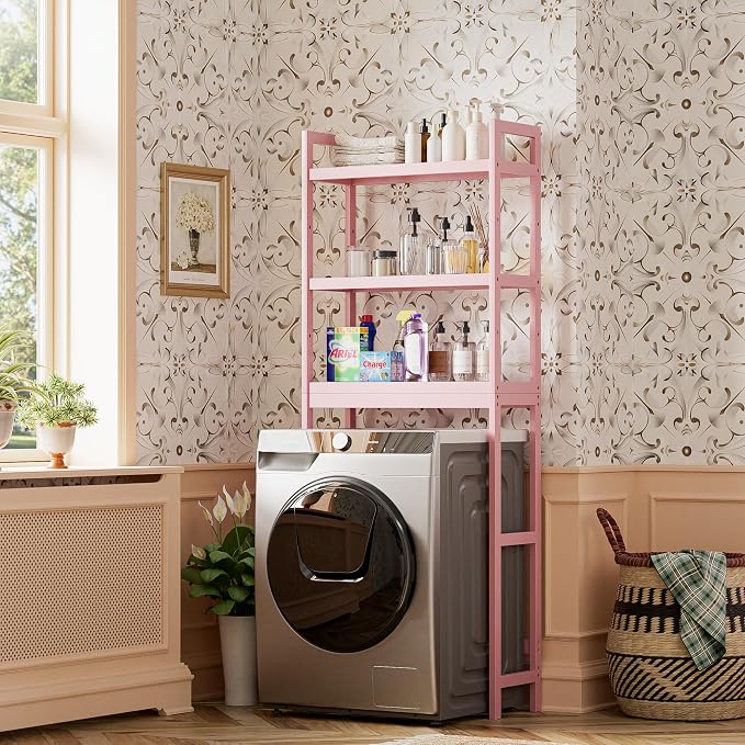 SMIBUY Bathroom Storage Shelf, Bamboo Over-The-Toilet Organizer Rack, Freestanding Toilet Space Saver with 3-Tier Adjustable Shelves (Pink)