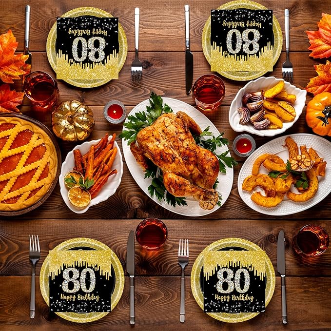 72 Pcs 80th Birthday Paper Plates and Napkins Party Supplies, Back Gold 80th Birthday Party Plates and Napkins Tableware Set for Men Women Cheers to 80 Years Decorations Serves 24