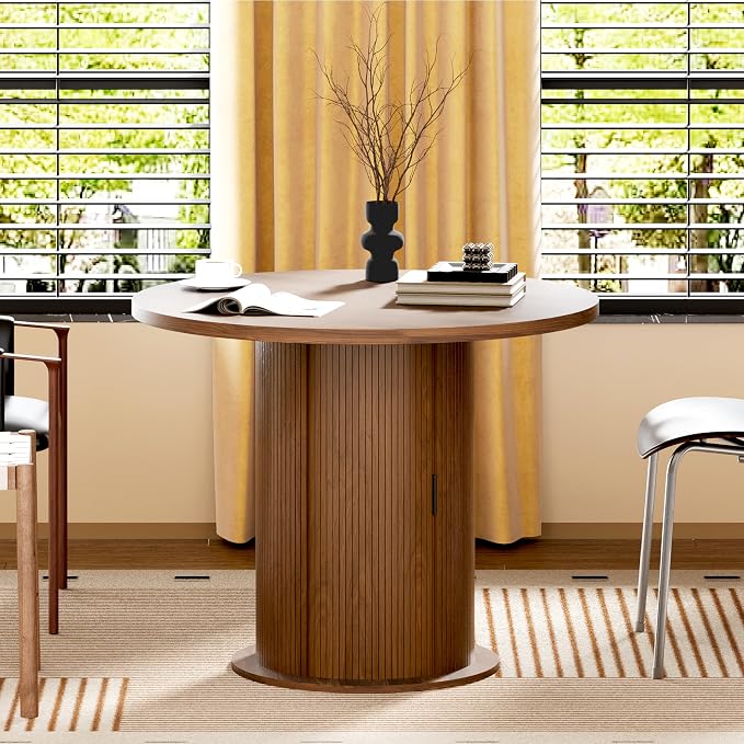 Wildhome Round Dining Table for 2-4, 31 Inch Dining Room Kitchen Table with 2-Tier Storage Shelf & Wine Rack, Modern Farmhouse Fluted Wood Slide Door Dinner Furniture,Circle(Non scalable-32 In-Walnut)
