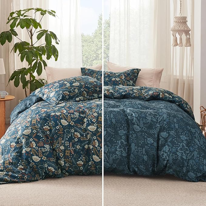 Bedsure Duvet Cover King Size - Reversible Floral Duvet Cover Set with Zipper Closure, 3 Pieces Navy Blue Bedding Set with 8 Corner Ties and 2 Pillow Shams 20"x36"