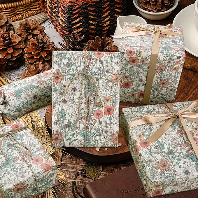 8 Sheets Vintage Wildflower Wrapping Paper - 19.7” x 27.6” Spring Floral Gift Wrap Paper for Girls, Women Birthdays, Baby Showers, Bridal Showers, Weddings, Valentine’s Day Party Celebrations