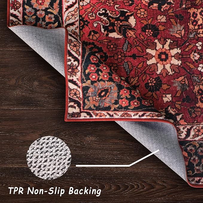 vivorug Round Rug 6ft Vintage Round Area Rug Non-Slip Indoor Carpet for Living Room Bedroom Entryway, Stain Resistant Home Decor Circle Rug, Cherry Red/Spice