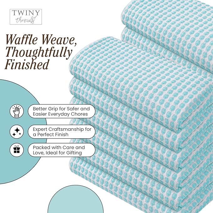 TWINY threads Circle Waffle Dish Towels 4 Pack, 16x26 Inches, 100% Cotton, Soft, Absorbent, Quick Dry, Everyday Wash Rags, Suitable for Glass Cleaning, Drying Dishes, Kitchen Essentials, Water Blue