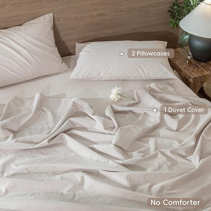 MooMee Striped Duvet Cover Set 100% Washed Cotton Linen Like Textured Breathable Durable Soft Comfy (Orange Pinstripes, Full 80"x90")