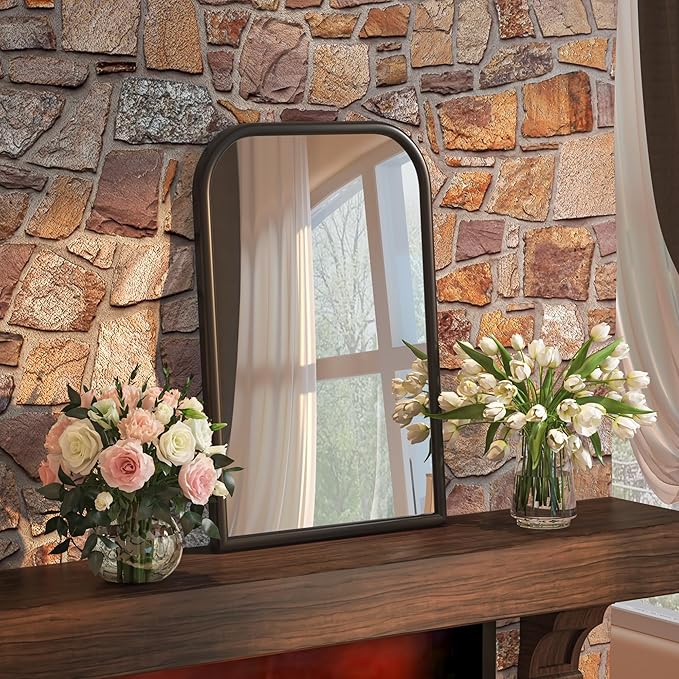 20"x30" Arch Wall Mirror Bathroom Mirror for Wall Mounted, Tempered Glass, Wood Grain Finish Frame Wall Mirror Decorative for Living Room Bedroom Entryway, Black