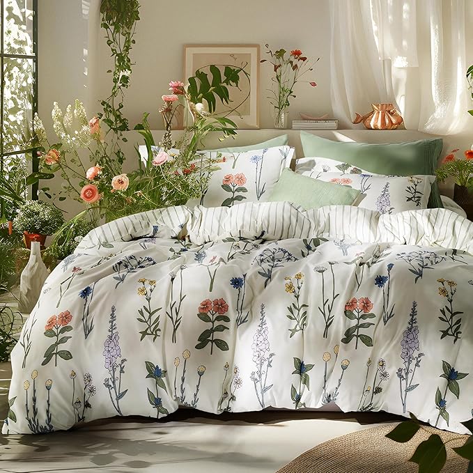 Bedsure Comforter Set Full Size - Cute Floral Bedding Comforter Set, 3 Pieces, 1 Soft Reversible Coconut White Botanical Flowers Comforter and Pillow Shams