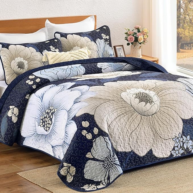 Dintszyayue Blue Quilt Set Queen,3 Pieces Floral Bedspreads Lightweight Coverlet Set for All Seasons, Reversible Quilted Printed Bedding Set with 2 Pillow Shams