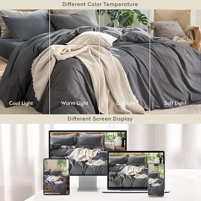 MooMee Bedding Duvet Cover Set 100% Washed Cotton Linen Like Textured Breathable Durable Soft Comfy (Heathered Dark Grey, Twin 68"x90")