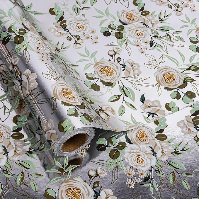 Altarho Wedding Wrapping Paper Roll - 17 Inch x 33 Feet - Silver White Floral with Metallic Foil Design Perfect for Mothers Day Wedding Bridal Shower Spring Birthday Summer