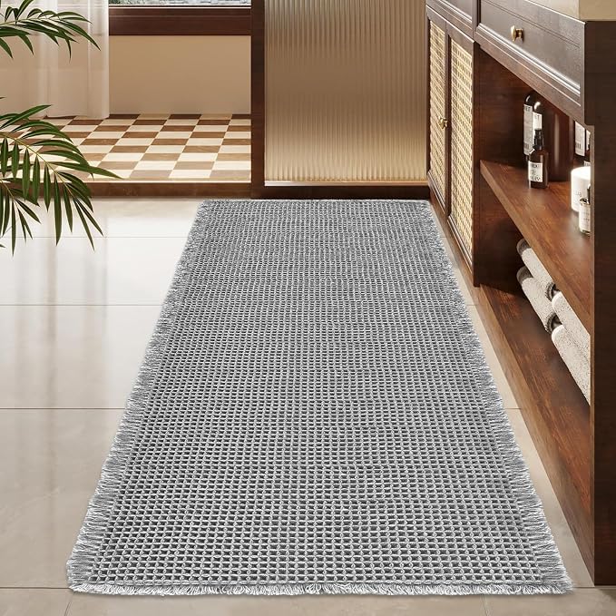 ZALL Grey Waffle Bath Mat,Super Absorbent Non Slip Bathroom Rug,Gray 24x48inch,Machine Washable Ultra Soft Floor Mats