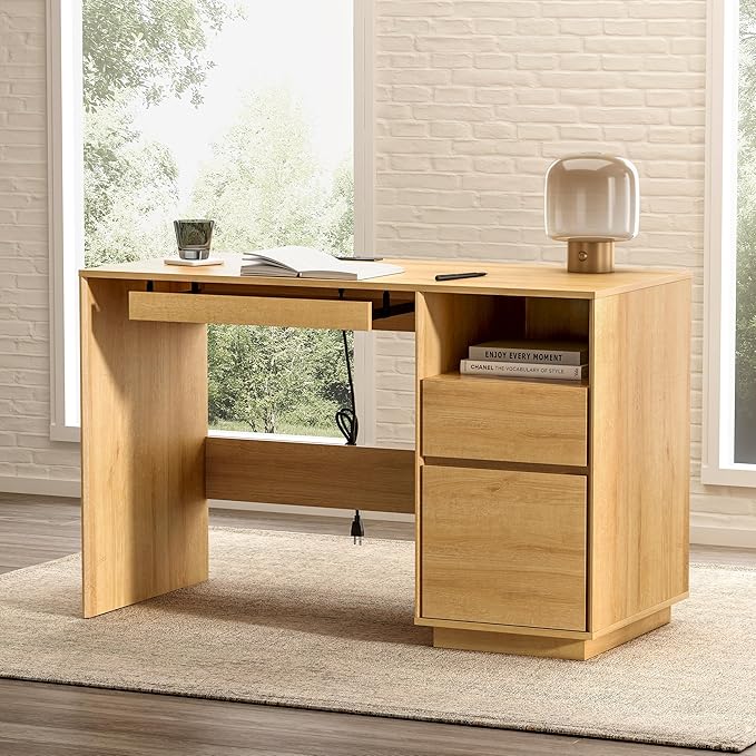Home Office Desk, 47" Farmhouse Executive Desk with File Drawer & Outlet, Wood Computer Desks with Keyboard Tray, Workspace for Study Writing, Natural Oak