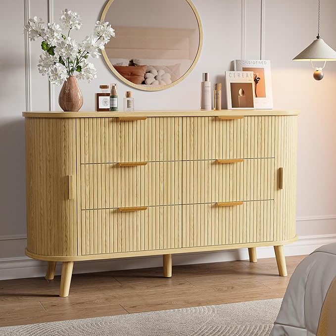 Fluted 6 Drawers Dresser, 55'' Wide Mid Century Modern Chest of Drawers with Sliding Door & Metal Handles, Curved Profile & Sturdy Legs, Wood TV Stand for Bedroom, Living Room (Natural Oak)