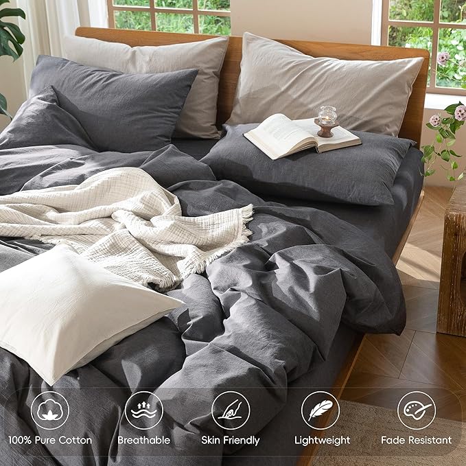 MooMee Bedding Duvet Cover Set 100% Washed Cotton Linen Like Textured Breathable Durable Soft Comfy (Heathered Dark Grey, Super Queen 90"x98")
