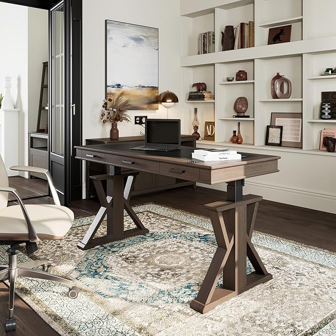 EUREKA ERGONOMIC Leather Standing Desk, 60 inch Executive Desk with Drawers,Modern Oak Grain X-Shaped Leg Sit Stand Desk, Charge Power Outlet Luxury Home Office Computer Desk