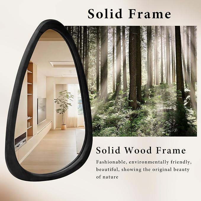 30''x20'' Asymmetrical Mirror with Wood Frame Black, Small Irregular Wall Mirror Odd Shaped Mid Century Modern Mirror Decor for Bedroom Living Room Entryway Hall