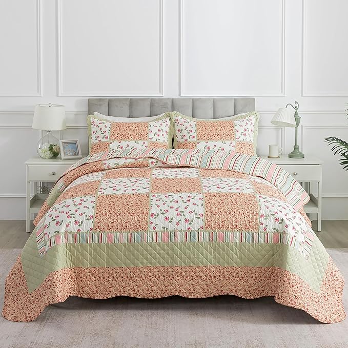 HoneiLife Queen Size Quilt Sets - Microfiber Quilt Set 3-Piece,Lightweight Bedspreads Reversible Coverlets Retro Bed Cover Floral Bedding Set, Queen Quilt Bedding Sets for All Season Use