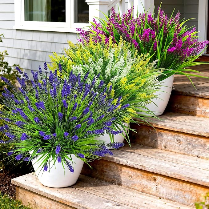 Artificial Faux Plants Flowers for Outdoors Decor, 22 Pcs Fake Lavender Flowers Outdoor UV Resistant, Realistic No Fade Realistic Outdoor Plants Greenery Shrubs for Porch Garden Yard Window Box Home
