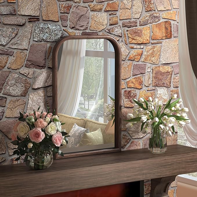 20"x30" Arch Wall Mirror Bathroom Mirror for Wall Mounted, Tempered Glass, Wood Grain Finish Frame Wall Mirror Decorative for Bedroom Living Room Entryway, Rustic Brown