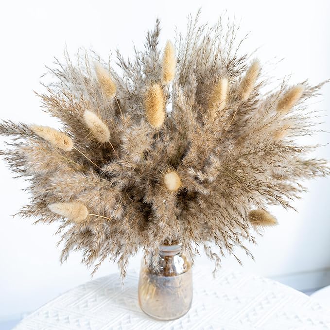 WILD AUTUMN Fluffy Boho Decor Dried Grass - Dried Pampas Grass Short pompas Grass Vase Filler Dried Flowers Wedding Home Table Rustic Farmhouse Decor