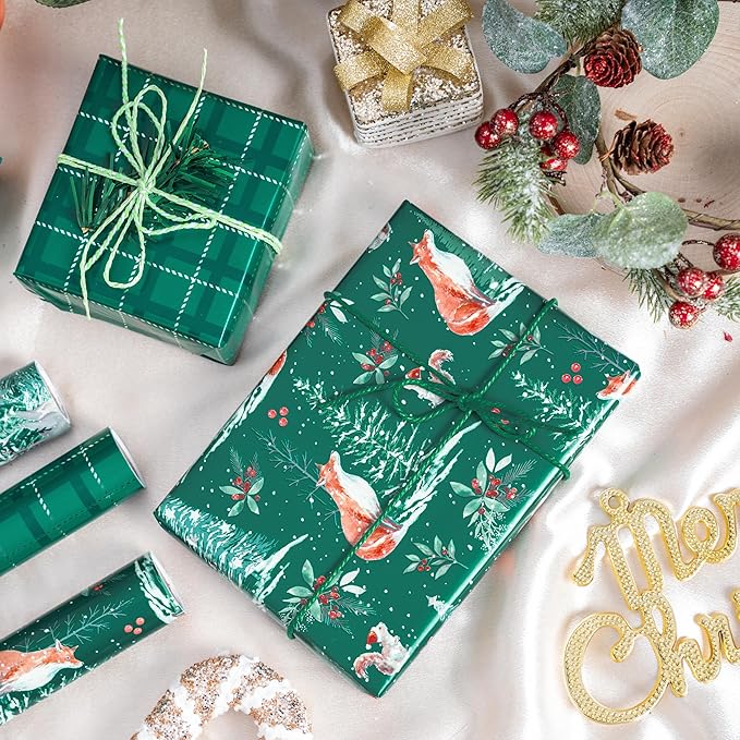 LeZakaa Green Christmas Wrapping Paper Roll, Fox, Squirrel, Reindeer & Chrismas Tree, Green Plaid for Winter Holiday Party, 17 x 120 inches, 3 Mini Rolls