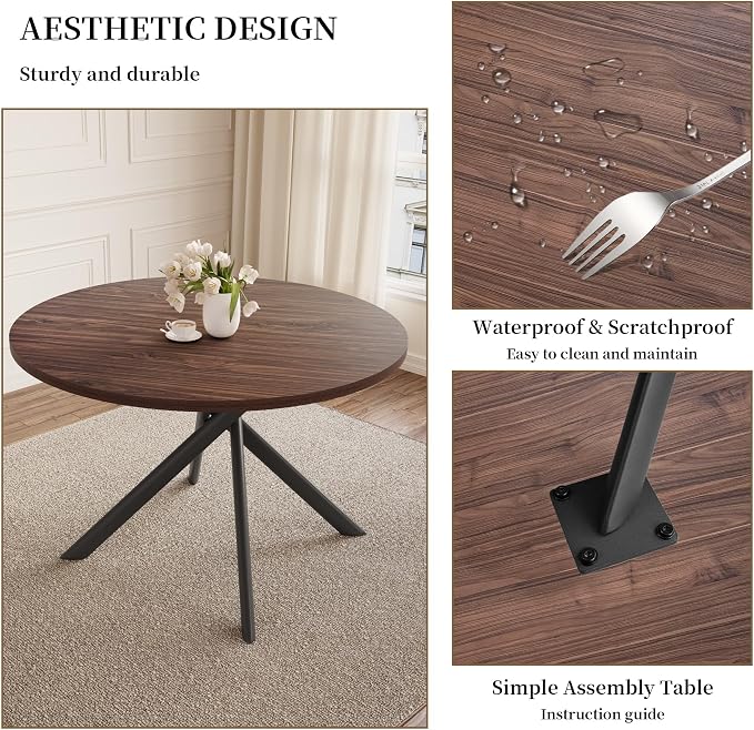 HIPIHOM 45.3 Inch Round Dining Table Set for 4, Mid Century Modern MDF Coffee Set for Dining Room Kitchen Apartment (Dark Walnut Table + 4 U-Shaped Black Chairs)