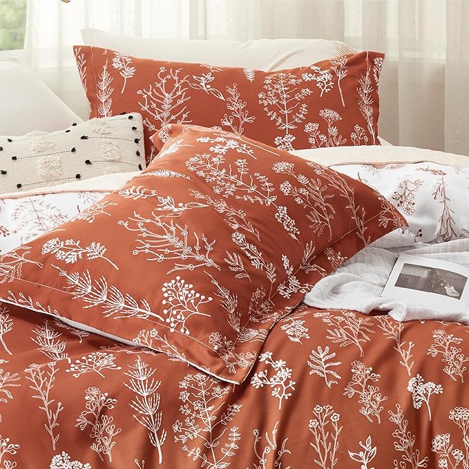 Bedsure Duvet Cover King Size - Reversible Terracotta King Duvet Cover Set with Zipper Closure, 3 Pieces Floral Patterned Bedding Set with 8 Corner Ties and 2 Pillow Shams
