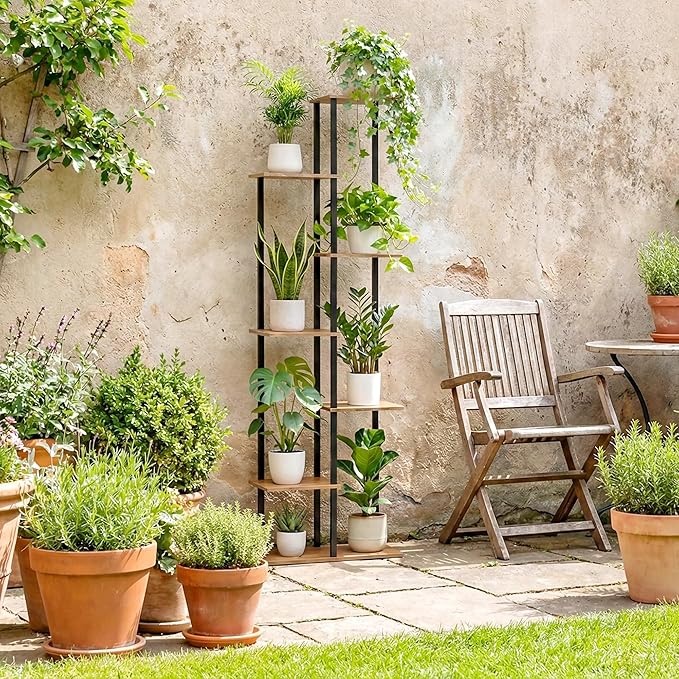 Plant Stand Indoor 7 Tier 8 Potted Metal Wood Plant Shelf, Multiple Flower Pots Corner Tall Plant Holder Stands for Living Room Balcony Bedroom, Rustic Brown
