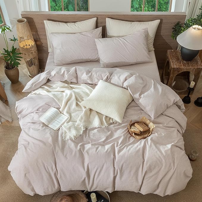 MooMee Striped Duvet Cover Set 100% Washed Cotton Linen Like Textured Breathable Durable Soft Comfy (Orange Pinstripes, Queen 90"x90")