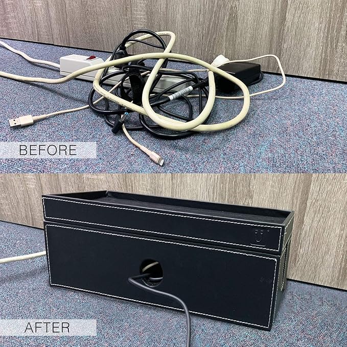 NEET Cable Management Box Large, Computer Cord Organizer, Hide and Conceal, Power Cable Organizer, Computers and Desks, Black Stitched Leather