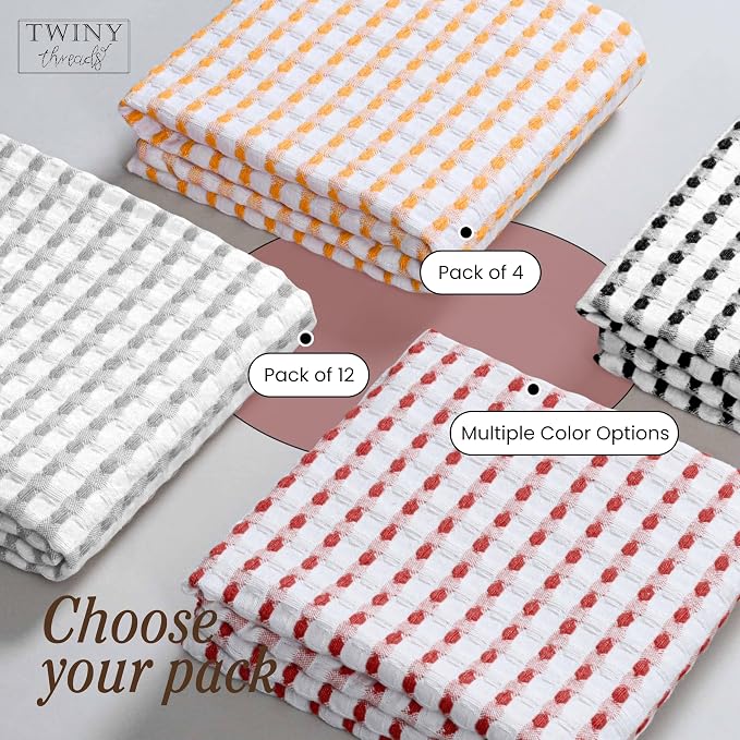 TWINY threads Multi Colors White Waffle Towels 4 Pack, 16x26 Inches Absorbent Waffle Weave Kitchen Dish Cloth Set, Soft, Durable & Machine Washable Tea Towel, Light Grey, Rust, Mustard Yellow, Black