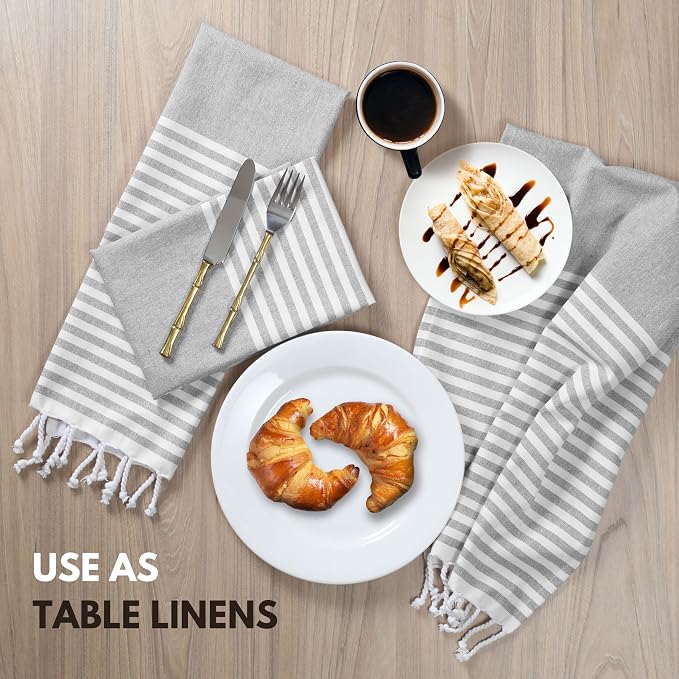 Turkish Kitchen Towels 18x26 Inches with Tassels - 4 Pack - Ultra Absorbent, Durable, Soft 100% Cotton Dish Towels for Drying & Cleaning - Machine Washable, Quick-Dry - Melange Grey